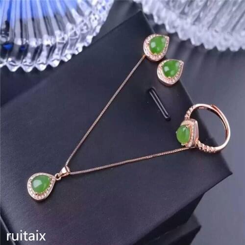 KJJEAXCMY boutique jewels S925 Pure silver inlay natural jasper pendant necklace ring earrings 3 sets of water drop type female