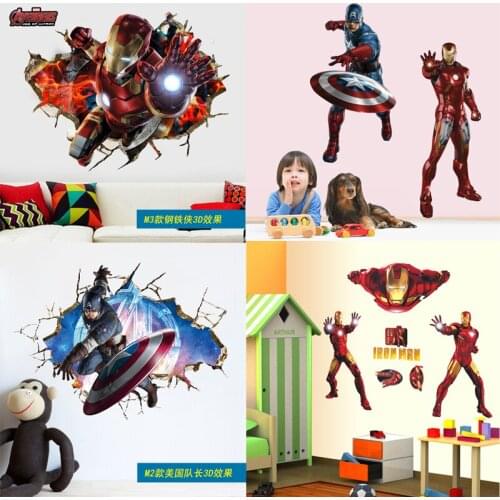 Disney Iron Man Captain America Avengers 3D Wall Decoration Stickers Living Room Boys Childrens Room Self-adhesive Wall Paper