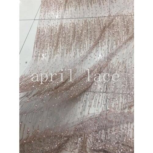 5 yards bzh013 nude gold 61# pearls glitter grid glued sparkle glitter mesh net tulle lace fabric for sawing /evening dress