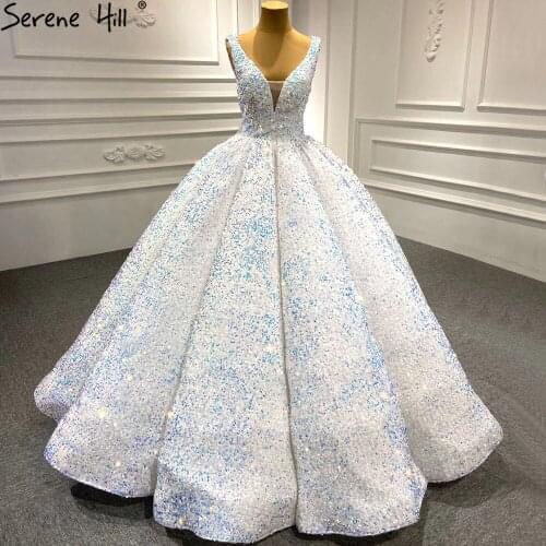 Serene Hill White High-end Sexy Wedding Dress 2021 V-Neck Sequined Sparkle Luxury Bridal Gown Custom Made CHA2473