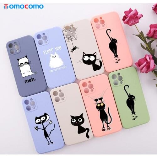 Cartoon Candy Cute Black Cat Phone Cover For iPhone 11 12 Pro Max Mini XS XR X 7 8P Shockproof Liquid Silicon Phone Case Funda