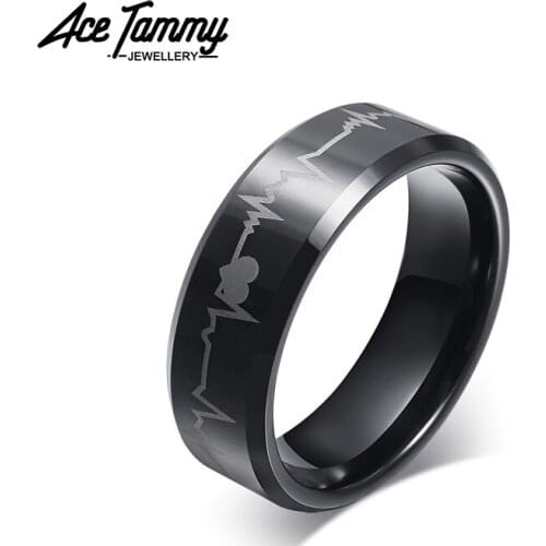 Heartbeat Engraved Black Tungsten Ring Women Men Jewelry 8mm Cool Fashion Engagement Ring Free Shipping