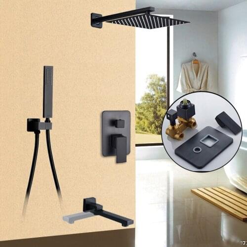 Black Bathroom Shower Faucets Set 8/10/12/16 Rainfall Shower Mixer Tap With Handshower Wall Mounted Shower Tap Rotate Bath Spout