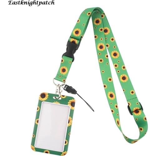 E2752 Cartoon Sunflower Lanyard Keychain key Badge Mobile Phone Rope Lanyard With Kawaii Card Holder Cover for Woman