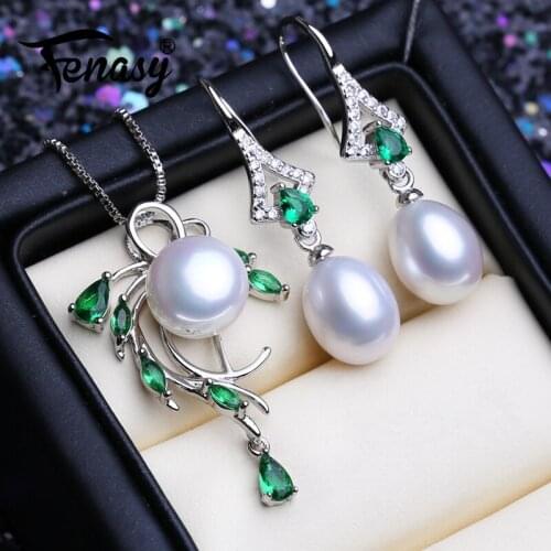 FENASY 925 Sterling Silver Jewelry Sets Natural Pearl Pendant Necklaces Bohemian Emerald Green Crystal Drop Earrings For Women