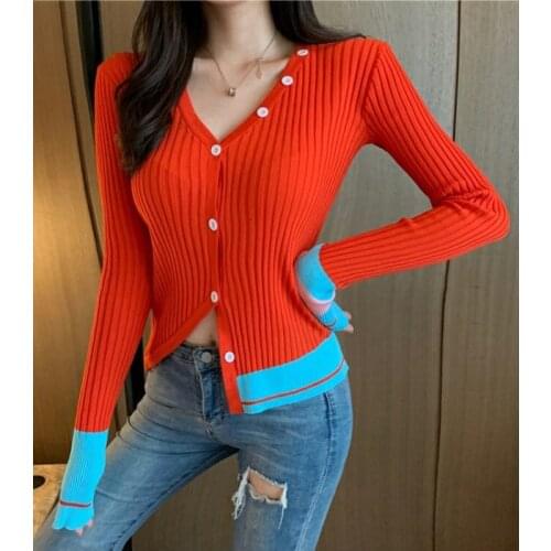 Hot Sale! V-neck 10.29 Asymmetrical Hem Wool Rib Knit Cardigan Patchwork Contrast Color Chic Fashion Slim Sweater Women