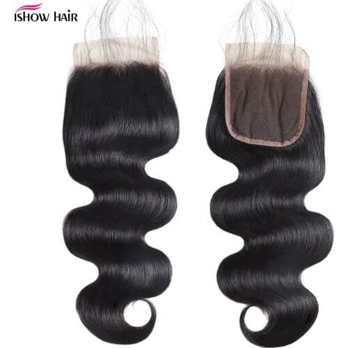 Ishow 4X4 Lace Closure Brazilian Body Wave Human Hair Closure With Baby Hair Natural Color Non Remy Brazilian Lace Closure