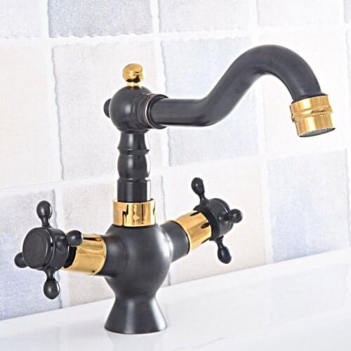 Oil Ruubed Bronze Black & Gold Deck Mount Bathroom Kitchen Faucet Double Handle 360 Rotate Basin Sink Mixer Taps