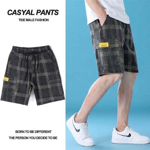2021 summer new brand mens casual loose plaid shorts fashion elastic waist tether pants 100% cotton multi-pocket beach pants