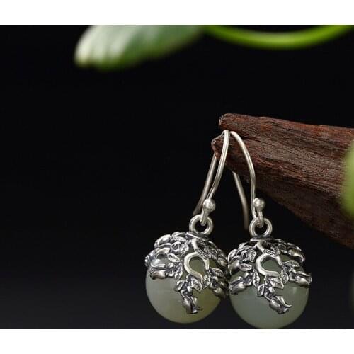 2018 New silver S925 pure silver natural Hetian jade white jade bead inlaid old lady high-end earrings earrings wholesale