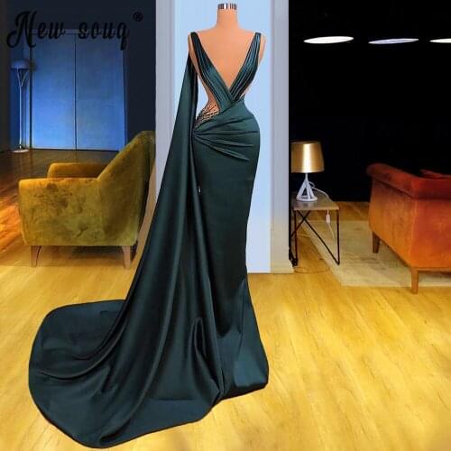 Elegant Dark Green V Neck Prom Dresses with Shawl Beaded Mermaid Evening Gowns Celebrity Red Carpet Dress real photos