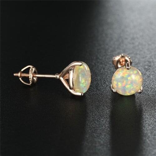 Simple Fashion Small Round Stud Earrings Vintage White Opal Stone Earrings Rose Gold Color Screw Back Earrings For Women Wedding