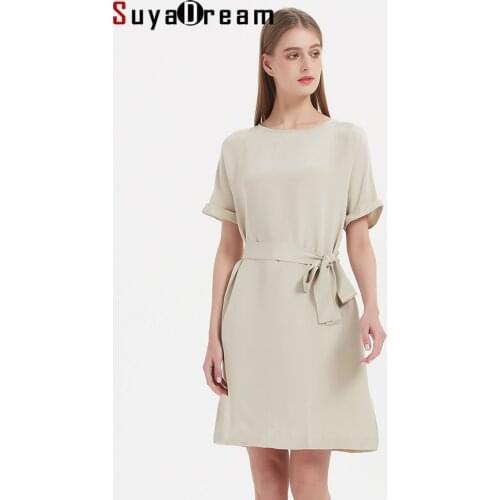 SuyaDream High Quality Woman 30MM 100%Silk Crepe Short Sleeved Solid Sashes Dresses 2021 Office Lady Summer Chic Dresses