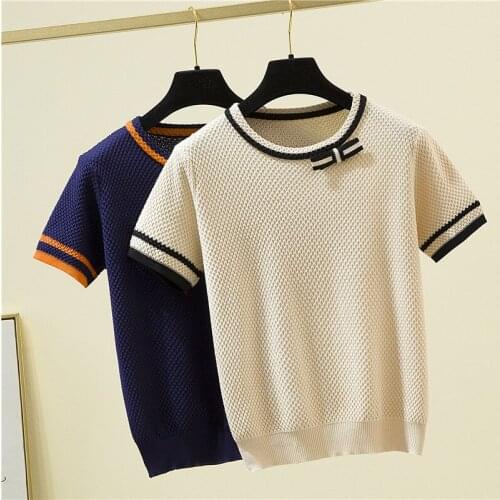 LJSXLS Fashion Bow Short Sleeve Top Women Summer Knitted Thin Sweater Solid Loose Pullovers Sweaters Womens Elasticity Clothes