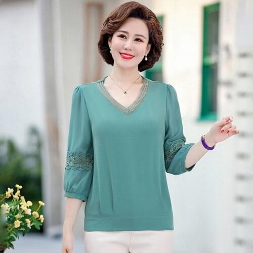 3/4 Sleeve Lace Blouses Shirt For Women Clothing Summer Pullover Chiffon Mother Tops 2021 New Plus Size Fashion Lace Blusas