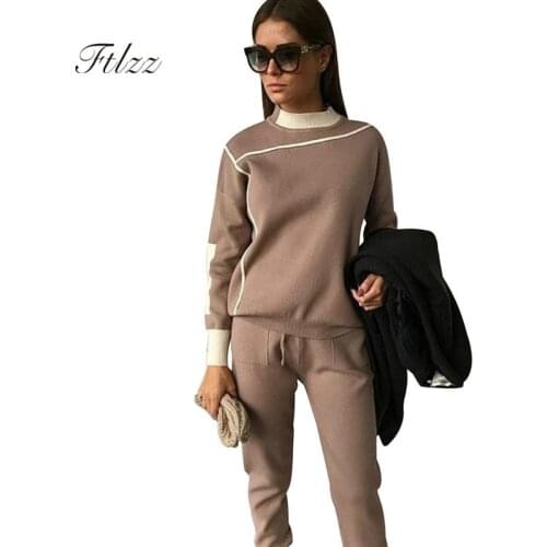 Woman Tracksuits 2018 Autumn Fashion Turtleneck Sweater + Slim Pants Knitted Suits Ladies Stripe Two Piece Set Twinset 2 Pcs Set