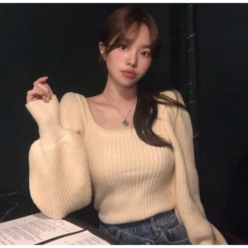 Sweet Pullovers Puff Long Sleeve Square Neck Knitted Sweater Jumpers Japan Gentle Solid Tops Fashion Shirts Sexy Pull Femme