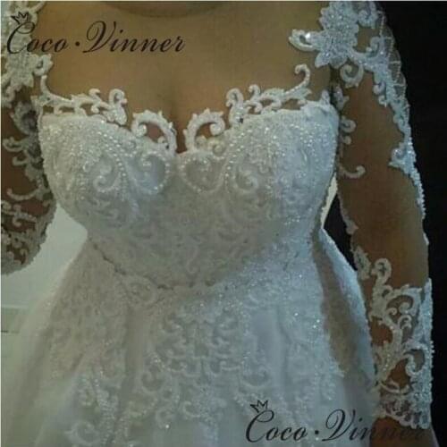 Sexy Illusion Long Sleeves Wedding Dress Lace Appliques Plus Size Beautiful Pearls Beading Ball Gown Bride Dress W0567