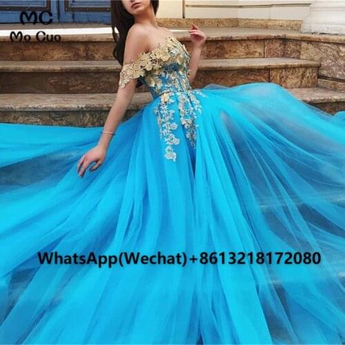 2021 Fashion A-Line Off Shoulder Prom Evening Dresses with Gold Lace Appliques Tulle Puffy Evening Party Gown