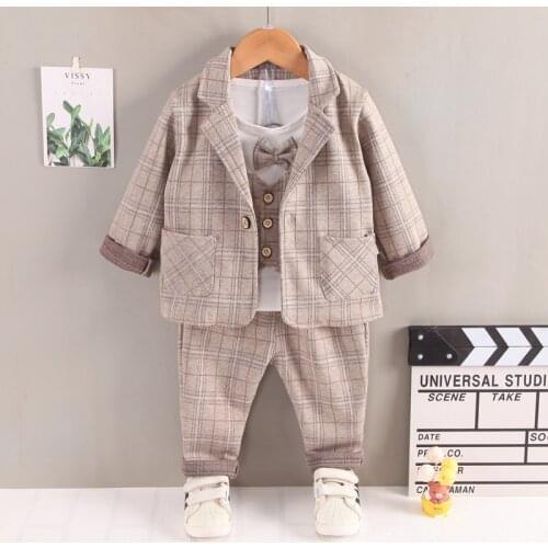 Autumn Children Baby Weeding Kids Boys Plaid Suit Long Sleeve Vest+T-shirt Pants 3Pcs/Set Toddler Fashion Cotton Clothing Infant
