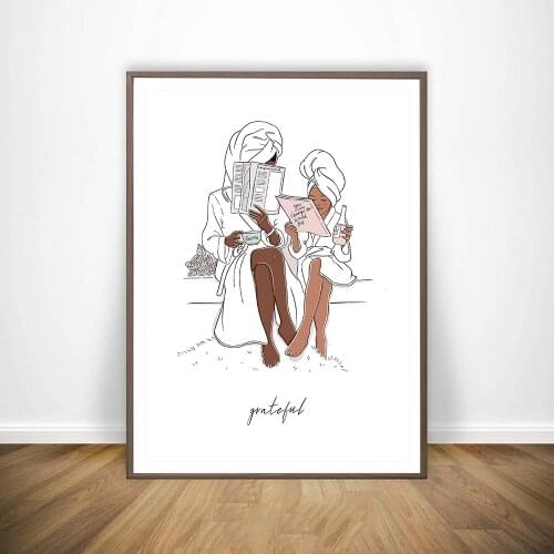 Mother and Daughters Bathroom Illustration Posters Abstract Minimalist Wall Art Canvas Print Painting Modern Decorative Pictures