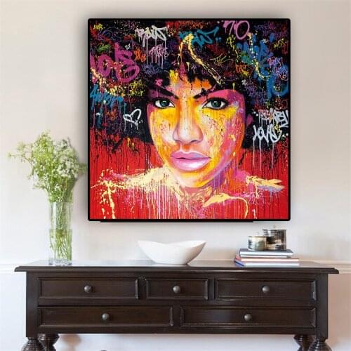 Abstract Graffit African American Woman Portrait Oil Painting on Canvas Poster Scandinavian Wall Pop Art Picture for Living Room