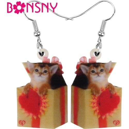 Bonsny Acrylic Valentines Day Heart Gift Box Abyssinian Cat Earrings Drop Dangle Jewelry For Women Girls Teens Charm Party Gift