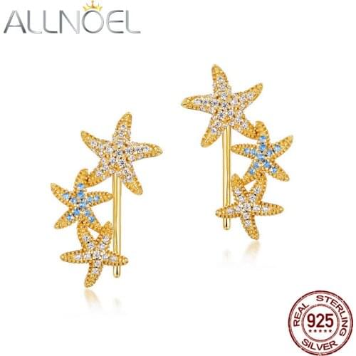 ALLNOEL 925 Sterling Silver Earrings for Women Blue Spinel White Zircon Personalized Starfish Design Jewelry Wedding Earrings