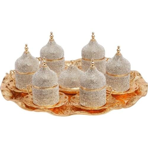 WHITE-YELLOW-SIX DRINKS SET-TWO WATER SET-SIX SIXED STONE COFFEE SET - STONE - WHITE STYLISH PRESENTATION OF PATTERNED COFFEE