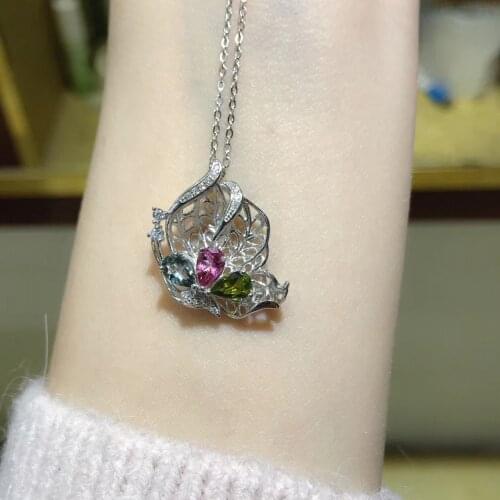 Bohemia Butterfly natural Multicolor tourmaline gem Pendant natural gemstone pendant necklace S925 silver woman gift jewelery