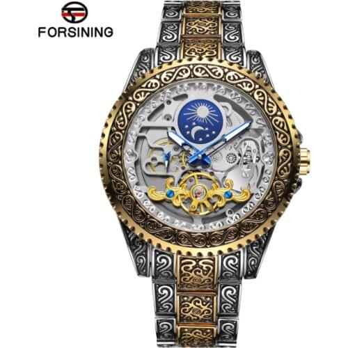 Forsining 2021 New Tourbillon Men Watch Mechanical Skeleton Mens Watches Top Brand Luxury Engraved Vintage Moon Phase Steel Stra