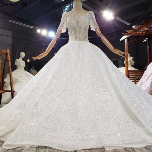 Dubai Ivory Short Sleeves Beading Wedding Dresses 2020 High-end Bling Luxury Sexy Bridal Gowns HX0303 Custom Made