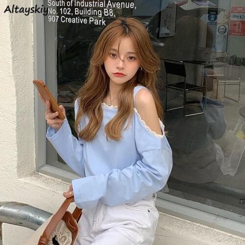 T-shirts Women Sweet Skew Collar Street Girls Solid Color Vintage Long Sleeve Tees Elegant Lace Casual Sexy Female Tops Ulzzang
