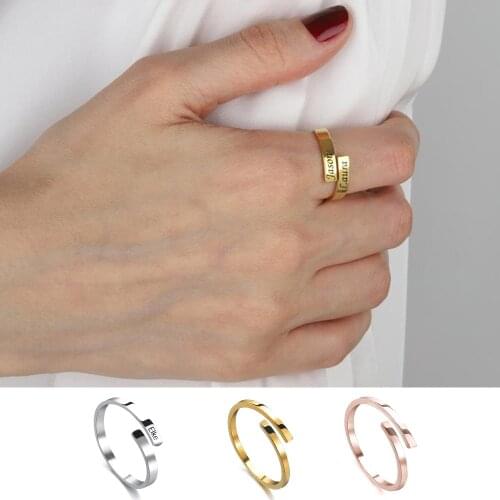 HUHUI Custom Double Names Ring Personalized Engraved Name Open Adjustable Stainless Steel Ring Women Couple Anniversary Jewelry