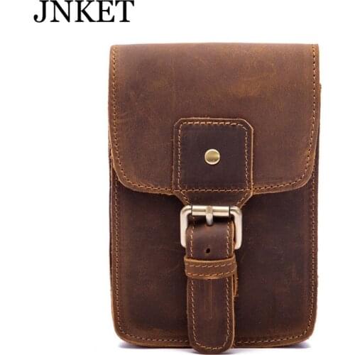 JNKET New Mens Dermis Waist Bag Full Grain Cow Leather Retro Trouser Head Hanging Bag Cellphone Bag