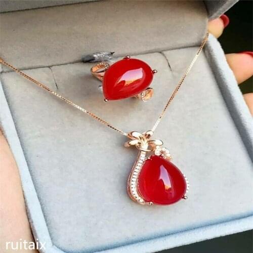 KJJEAXCMY boutique jewels 925 Pure silver inlay natural ruby medulla ring + pendant + earring set apple goddess bow