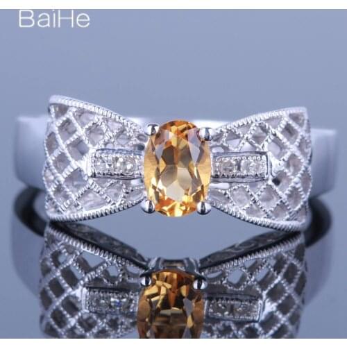 BAIHE Solid 14K White Gold 0.6CT Oval Citrine Wedding Women Trendy Fine Jewelry Citrine Ring