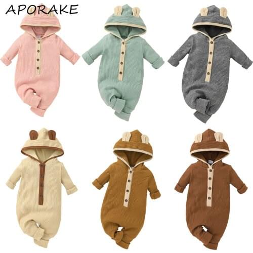 2021 0-12M Infant Baby Girl Clothes Casual Long Sleeve Jumpsuit Contrast Color Button Round Neck Ears Hooded Romper Spring Fall