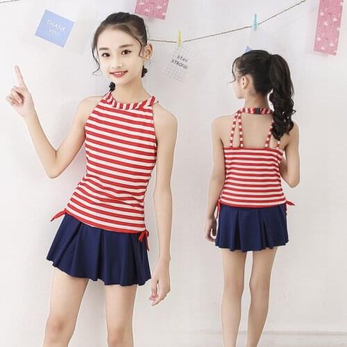 Girl Swimwear 2021 Korean Student Small Fresh Striped Split Skirt Boxer Navy Children 's Swimsuit Strój Kąpielowy Dla Dzieci