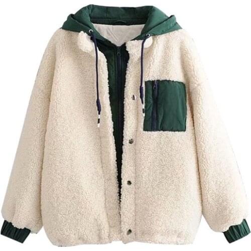 Women Patchwork Long Sleeve Pocket Jacket Female Loose Casual Plush Faux Fur Coat Fashion Winter Warm Hooded Teddy Coat