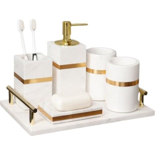 Marble Bathroom Set Liquid Soap Dispenser/Dish Toothbrush Holder Gargle Cup Tray Cotton Swab/Tissue Box Aromatherapy Bottle