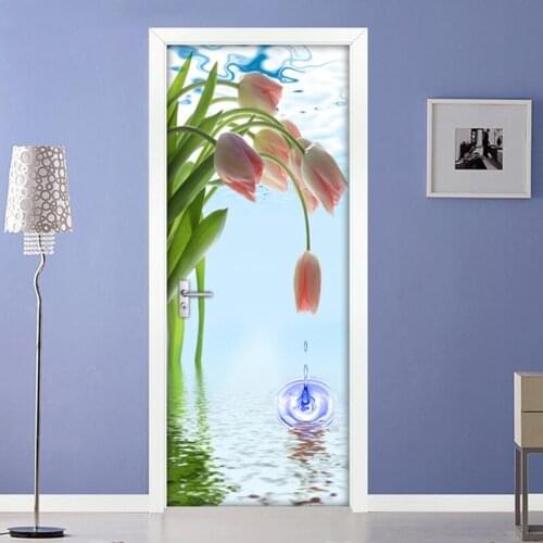 Removable Self-adhesive Floral Flowers Door Sticker Wall Painting Wallpaper Wall Decals Living Room Home Decoration Door Mural