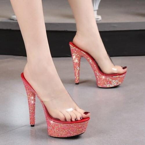 Model Slides Female Transparent Platform Rhinestone 13 15 17 20 CM Party Club Super High Heels Womens Shoes New Clear Slippers