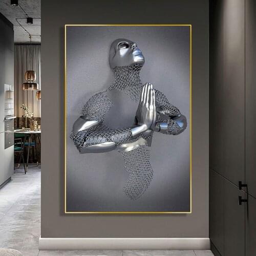 Modern Metal Sculpture Wall Art Canvas Painting Abstract Posters and Prints Men Statue Picture for Living Room Cuadros Decor
