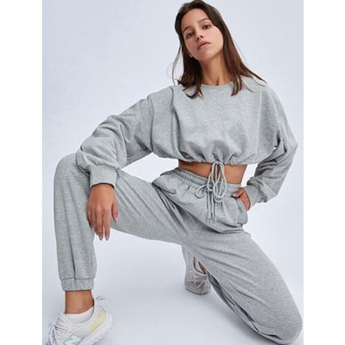 Fitness Sports Sweatshirt Set Loose Short Top Pants Gym Clothing Casual Style Navel Long Sleeve Tracksuit 2 Pcs Workout Suit