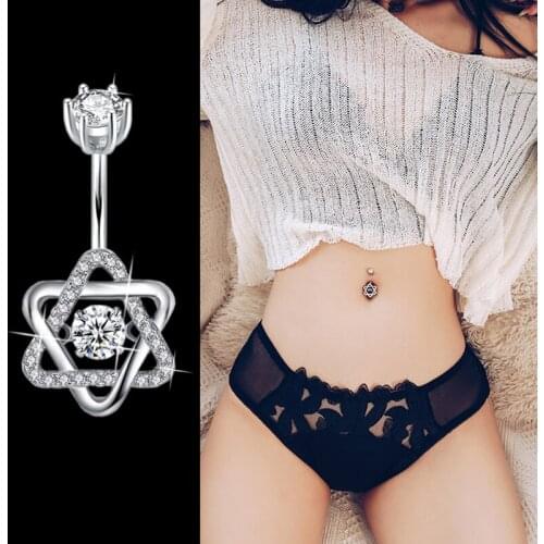 925 Sterling Silver Star Of David Zircon Decorations Navel Piercing Triangle Belly Button Rings Body Jewelry Trend Rod Long 6 MM