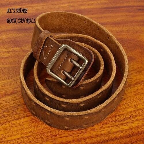 YN1088 Leather Men Top Layer Cowhide Double Needle Pure Copper Buckle Retro Fashion Casual Trendy Jeans Thickening Belt