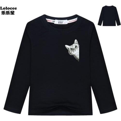 Funny Peeking Cat T-shirt Kids Boys Long Sleeve T shirt For Children Clothes Cute Looking Outside Cat Cotton Top Tee