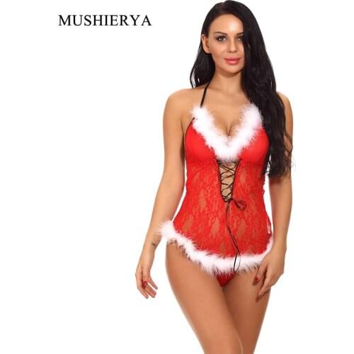 MUSHIERYA Women Sexy Lingerie Sexy Underwear Erotic Babydoll Red Sheer Floral Lace Christmas Babydoll Nightwear with G-string