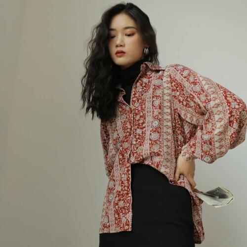 Vintage Floral Shirt Women 2021 Spring Fall Button Up Shirt Ladies Top Lantern Sleeve Blouse Female Korean Clothes Printed Shirt